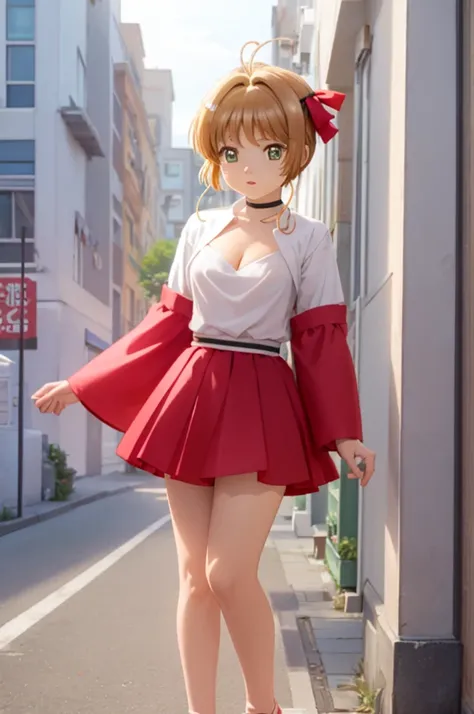 A beautiful girl in a short skirt posing for a picture in front of a building, anime girl, Kinomoto Sakura, (20 years old girl:1.4), (aged up), cleavage, cheerleader, thigh socks, school field, big rounds breasts, perfect body, hair ribbon, hairclip, hair ...