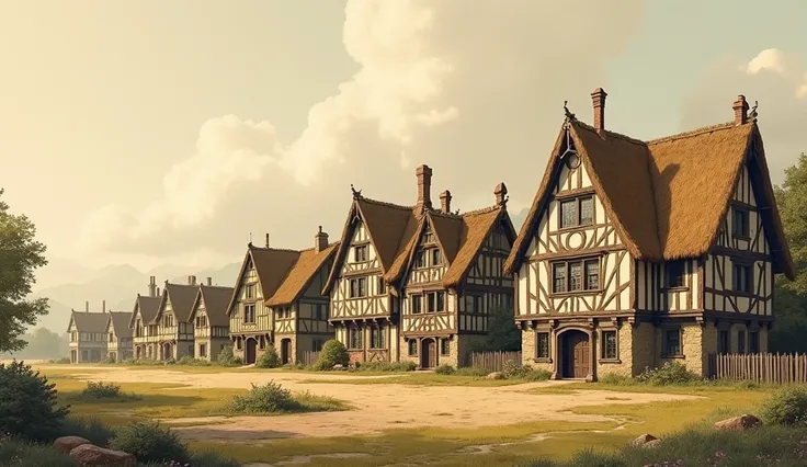 A timeline illustration of medieval homes evolving from simple thatched cottages to Renaissance-style mansions.