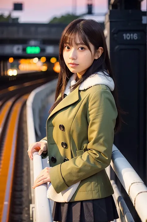 (masterpiece, best quality, perfect anatomy, highres, 8k, realistic, photorealistic, natural skin texture, no makeup:1.2), 1girl, solo, Japanese, age20, (very cute), stylish female university student, (large breasts:1.4), winter vibes, standing on a train ...