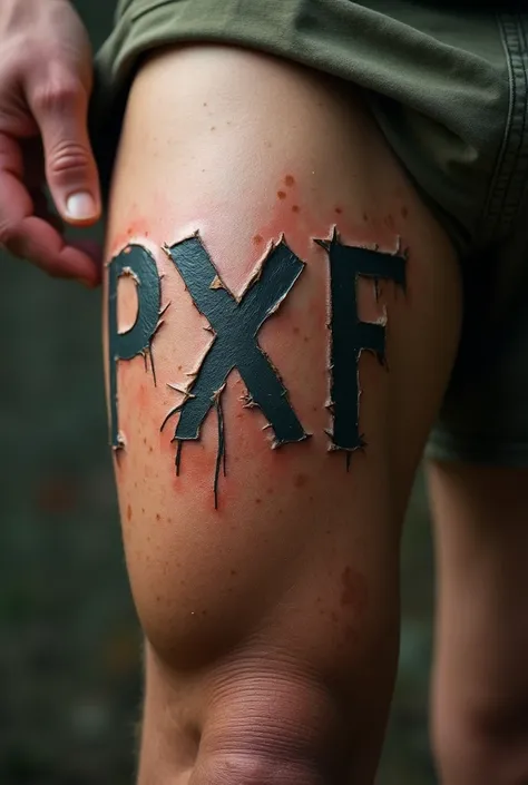 I want a realistic picture of a carving on someones thight that spells PXF. it cant be too symmetrical, it has to be like it was struggled for. Its a picture taken by someone who did it 