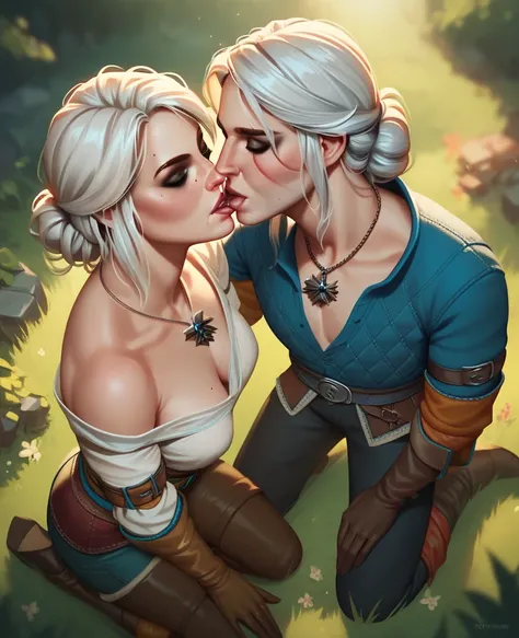 2 people,  Geralt and Ciri kiss each other from " the Witcher 3", , The 2 ,  kneeling fashion,  in a forest . Son 2 people. She kisses ,  from above.