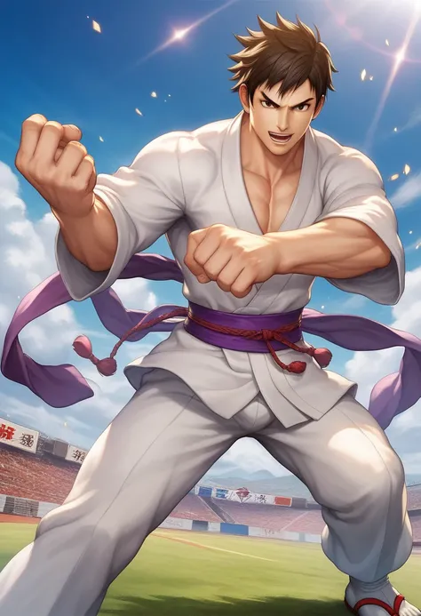 cartoon of a man in a white robe standing in a field, Ryu from Street Fighter,  fighting game character, kentaro miura manga style,  Powerful Stance , Karate Costume, Manga characters,  Anime Style Characters, , Combat Stance,  Detailed Anime Character Art...