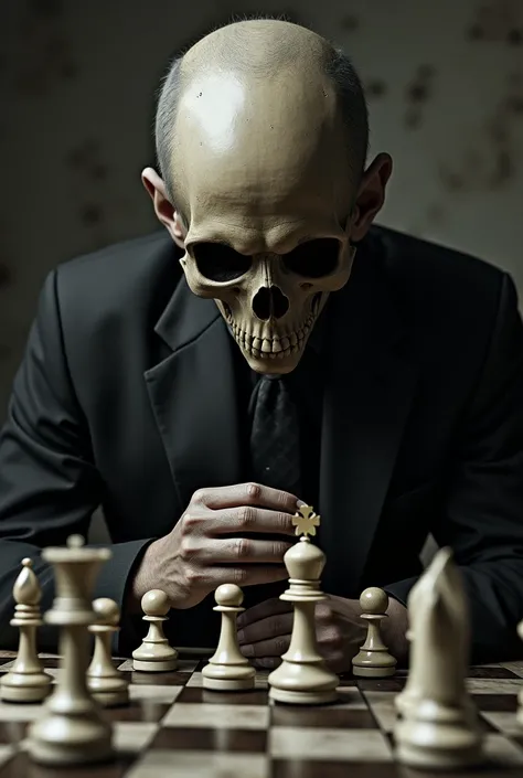 arafed image of a man with a skeleton face playing chess, digital art inspired by Igor Morski, zbrush central contest winner, classical realism, surreal chess, !!playing chess!!, sylvain sarrailh and igor morski, chess, michael cheval (unreal engine, playi...