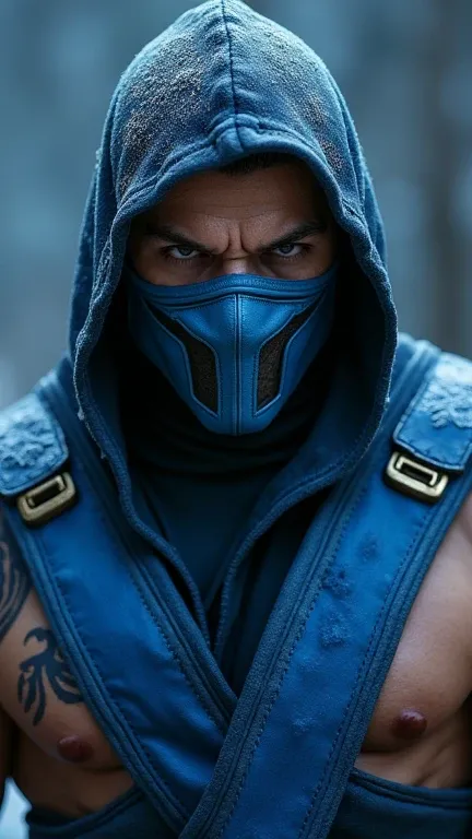 "Create an ultra-realistic image in 8K 5D of the Mortal Kombat character named Sub-zero, with a look of fury, his body has sculpted muscles and battle scars. He is dressed in his traditional blue outfit and concealing mask the mouth. The setting is an epic...