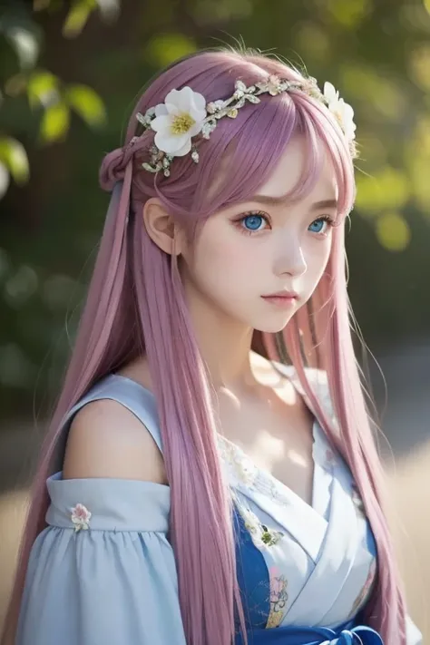 masterpiece,  top quality ,lacas-bk,  One girl , Alone,  long hair,  pink hair, very  long hair,  blue eyes,  hair accessories, Japanese clothing,  Split Sleeves 