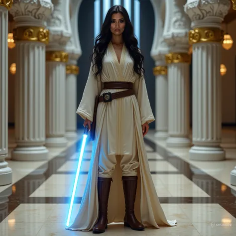  Use this image and create a woman with the same face . (( realistic ))  with long black hair .  she wears white and brown Jedi robes .  Wear brown knee-length boots .  He wears a single-bladed blue lightsaber.  She is standing in the middle of a shiny cer...