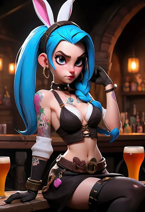 Jinx in a bunny girl outfit, showing her pussy at an underground pub 