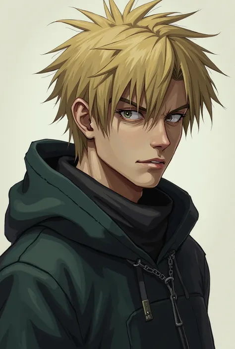 The same expression expressed in the illustration style of Shigenori Soejima, a tired male with blond hair, dark circles and sharp eyes