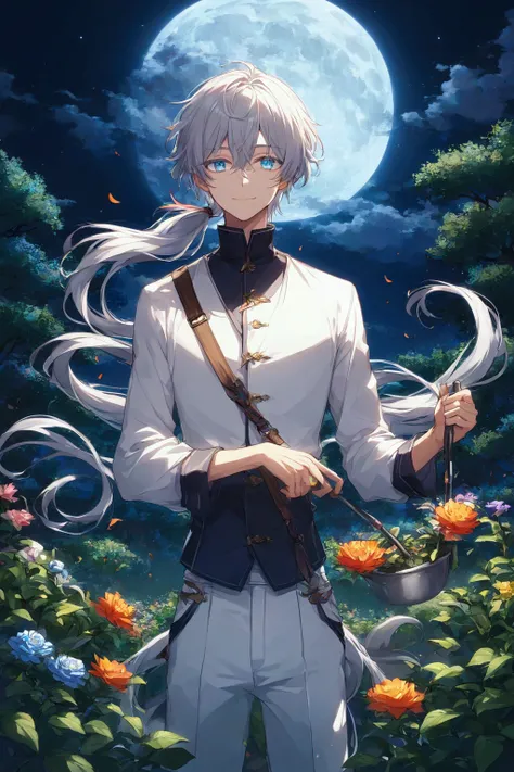 Illustration, top quality, pixiv illustration, very detailed animation, (alone) (male), silver hair, long hair, gardener, blue eyes, moonlit garden background, dramatic lighting, sky blue eyes, low ponytail, warm smile, work clothes