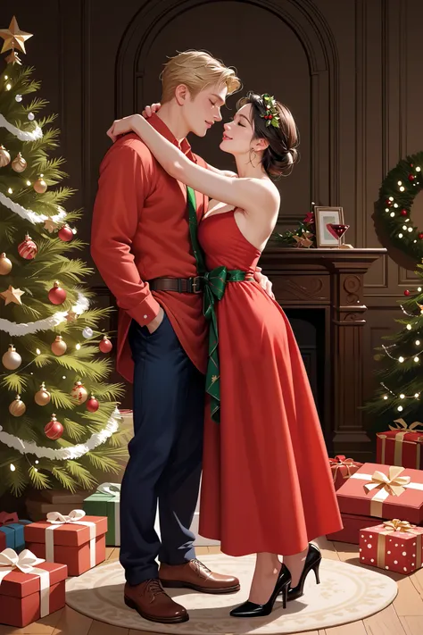 romantic atmosphere , Very detailed, portrait, masterpiece, Sharp focus, Official Art , Christmas, couple, man and woman, SFW, Christmas party, full body, comfy cloth