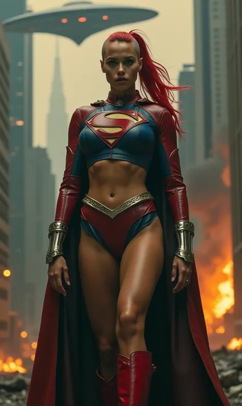  A beautiful woman (((With her head completely shaved ))),((( Showing only a red ponytail in the middle of her completely shaved head ))),((( Red leather pants fitted to her sensual body ))),(((Under the mantle of the Kryptonian Kara Zor-the alias (((Super...