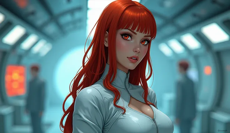 a redhead woman, detailed eyes, long blunt haircut, white clean skin, busty, scientific clothes, sci-fi, transparent background, PNG, adult comic style