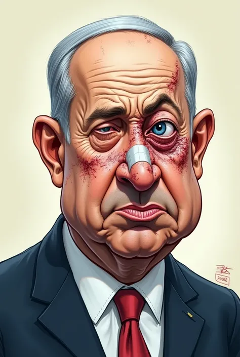 caricature image with big head and : illustration of Benjamin Netanyahu with one left eye swollen and bruised with dark blue color, the eyes look tired and empty, the nose is made bigger like David Levines work, there is a wound on the nose covered with a ...