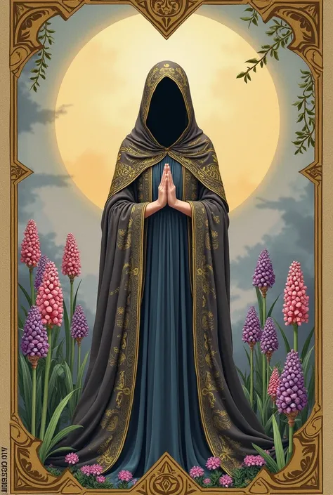 A card with a person wearing a hyacinth flower robe coming forward