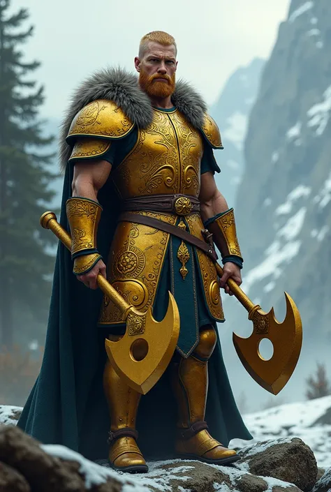 A blond male Viking with no beard short beard and golden armour with two gold axes