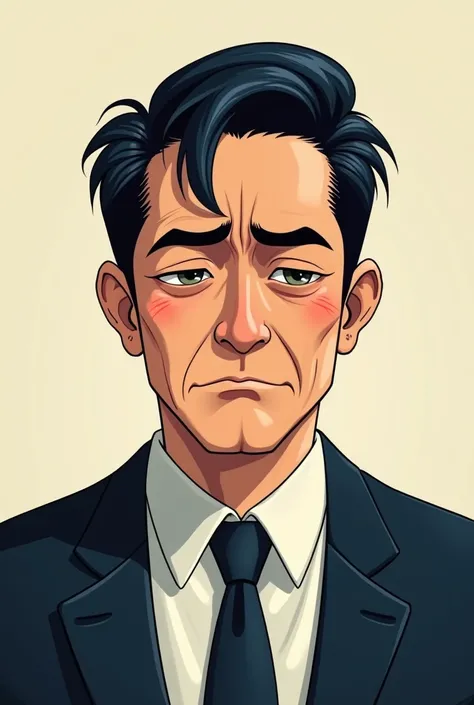 The same expression expressed in the illustration style of Shigenori Soejima, a tired male office man with dark circles and a cool impression of 7v3 pomade hair in a small, sharp suit