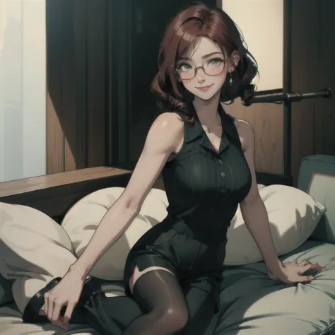 1 woman,  short hair,  Curly hair, natural redhead, green eyes, jumpsuit type shorts, Anatomically correct jumpsuit shorts, HD model,  , smile, blush,  round glasses ,  full body hair drill,  Sitting on a sofa .