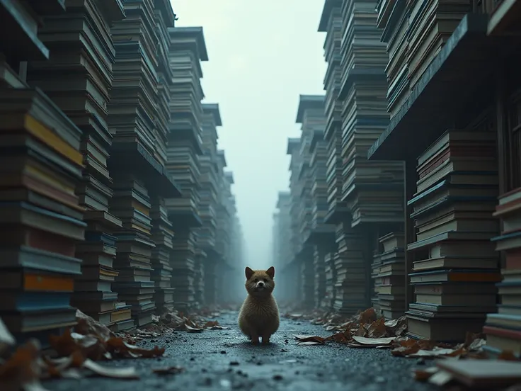  A huge urban virtual space made of piled up books， a  carrying books，A Chinese garden dog walks alone in the middle of the street with ，There is a gloomy and cloudy sky above，surrealism，Big Vision， low angle lens ，Upward Shot，Super artistic sense ， movie ...