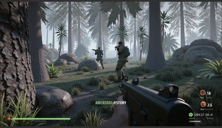 create a related shooting game image in jungle , make the forest more green and realistic look