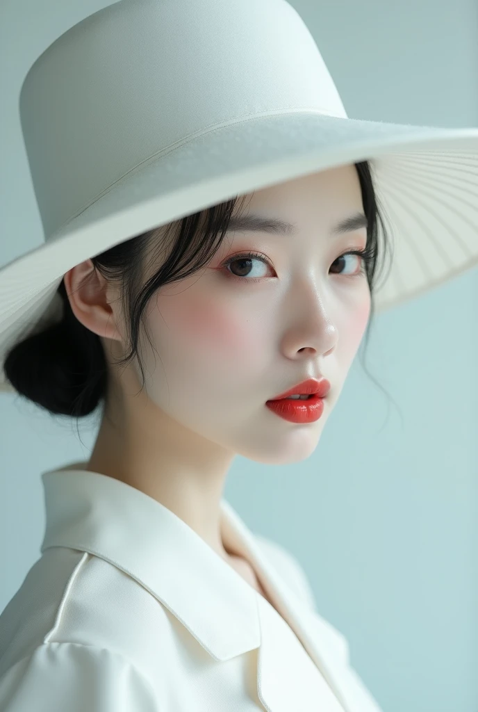  Woman wearing white hat and dressed with red lips, pale  WHITE PORCELAIN SKIN, guweiz, Guweiz&#39;s masterpiece,  work of art in the style of Guweiz, soft portrait photo 8k ,  pale and young ghost girl ,  WHITE PORCELAIN SKIN, by Russell Dongjun Lu, milky...