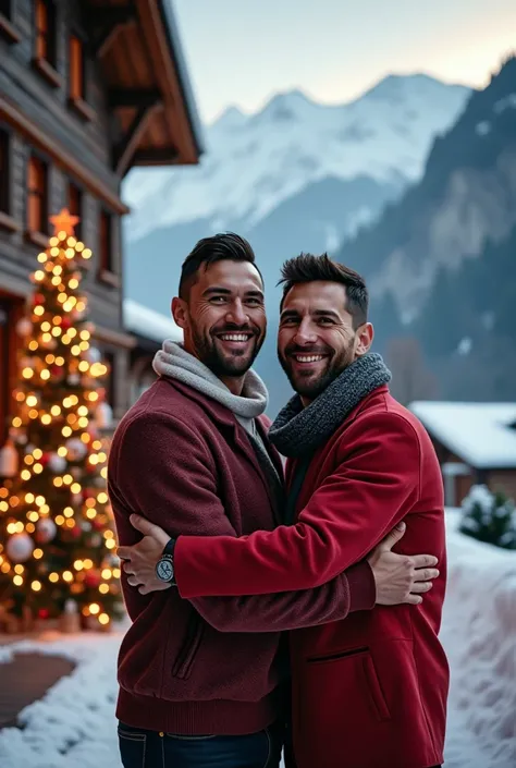 Make Them look realistic and more like cristiano ronaldo and messi in switzerland celebrating christmas
