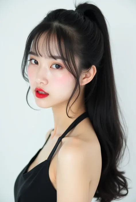 A beautiful Korean girl with black hair. She is twenty years old with a Korean face. She is wearing a black  halter strap dress. She has cream eyeshadow and deep red lipstick. She has a quiet, indifferent, and stern appearance without a smile and a serious...