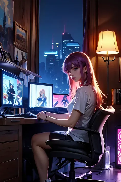 A woman,1girl, she is sitting on a gaming chair at a 2:3 angle, wearing an oversized t-shirt and shorts, looking at a computer screen. Her hair is in a wolf cut, and its nighttime. The scene is lit by colorful lights emanating from the computer screen. Beh...