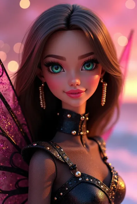 The most amazing and beautiful Christmas fairy Barbie 3D her skin its brunette with tanning and glitter so sparkling her expresive big eyes color water turquoise crystalline like mirrors glittering with long lashes her lipstick colorin amazing pink sparkli...