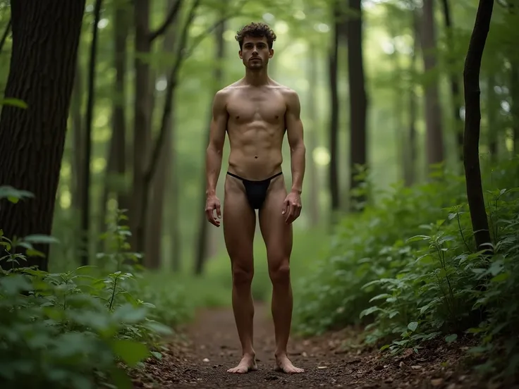 full-body picture of a young man in the forest with no clothes, showing his dick. He stands vulnerable in the woods, exposing his bare skin and exposed genitalia. The image captures a moment of raw vulnerability amidst the natural beauty of the forest.