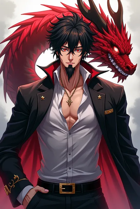 A man, beard on his chin, a pair of black lipstick on his head, a red-black dragon tail, handsome face, well-proportioned muscular body, red-white eyes,, anime