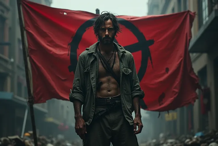 The flag of anarchy and in front of it a man in torn clothes  