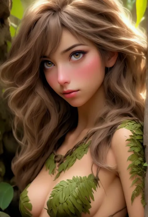 a cute woman, beautiful detailed eyes, beautiful detailed lips, extremely detailed eyes and face, long eyelashes, sexy explorer, tiny 2 piece outfit, scaling a jungle overgrown statue of a nude woman, jungle overgrown ancient city built on a cliffside, (be...