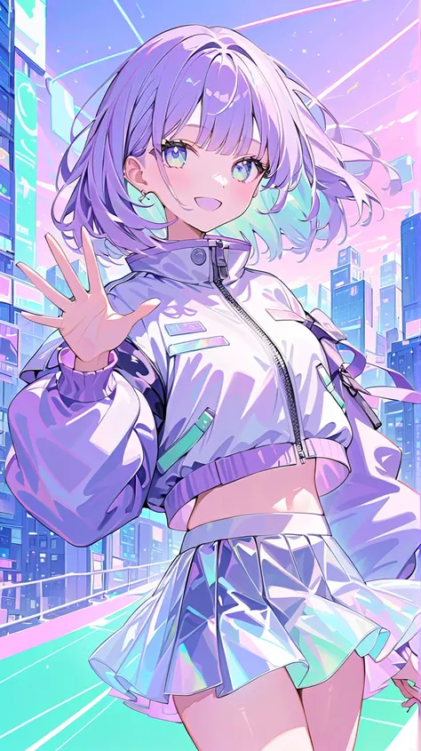 ((masterpiece)), ((best aesthetics)), ((super resolution)), ((best quality)), futuristic anime-style outfit, pastel purple hair, ((bob hair with soft waves)), pastel purple cropped bomber jacket, Metallic silver wrap skirt, (18 years old), translucent mint...