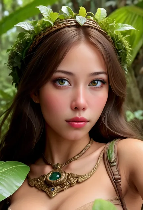 a cute woman, beautiful detailed eyes, beautiful detailed lips, extremely detailed eyes and face, long eyelashes, sexy explorer, tiny 2 piece outfit, scaling a jungle overgrown statue of a nude woman, jungle overgrown ancient city built on a cliffside, (be...