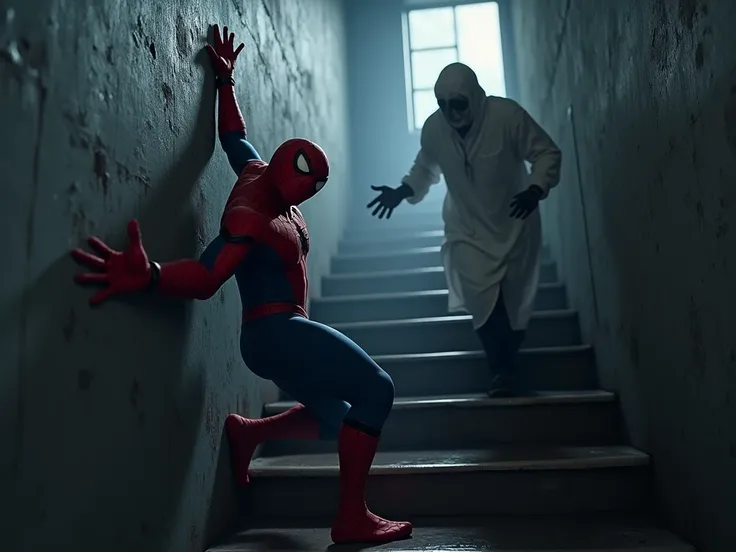 You are not welcome in this room. Spider-man crawls up the stairs and raises his hands for help, behind is a ghost in a white shirt chasing after him.