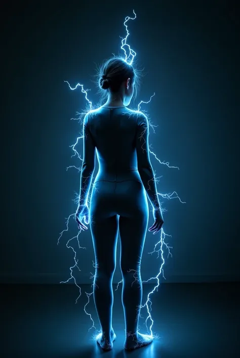 photorealistic, Silhouette of a woman in a dark grey latex zentai bodysuit standing in a dark room, outlined in static electricity with indigo highlights with plasma lightning coming from her fingers toward the camera, static electricity hair, facing away ...