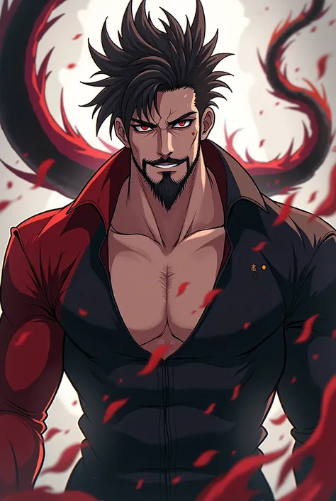 A man, beard on his chin, a pair of black lipstick on his head, a red-black dragon tail, handsome face, well-proportioned muscular body, red-white eyes,, anime