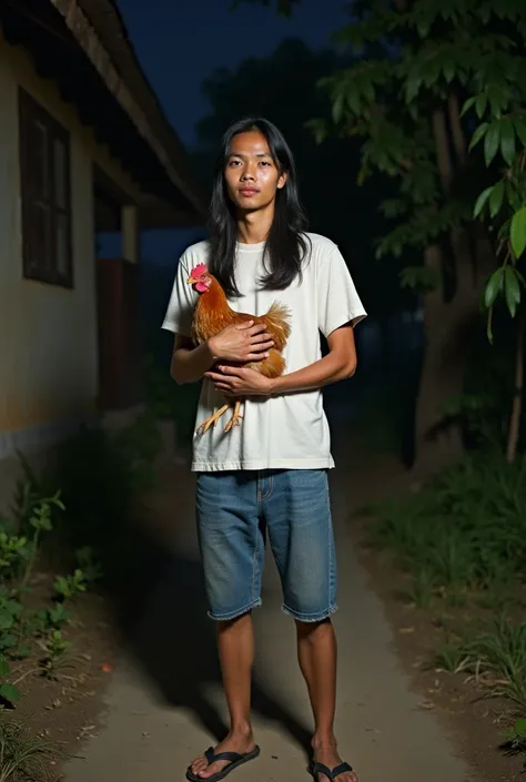 (photorealism : 1.5) empat laki laki Asian Indonesian man masing masing umur 25 years old,  with long black hair, wear a dull white t-shirt,  short dull blue jeans , flip-flops. holding a hen.  and the background in front of the village house is full of ba...