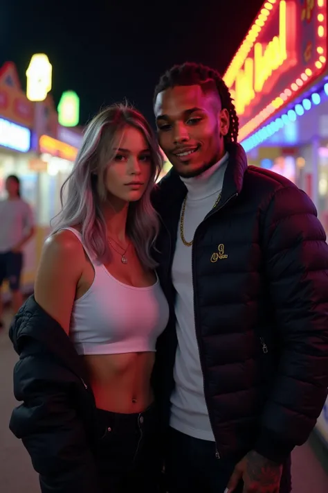 A close shot of an interracial couple smiling together looking at the viewer as they stand lovingly at a carnival in the middle of the night as they stand in the walkway of the carnival and they have a row of neon games behind them as they ring off in diff...