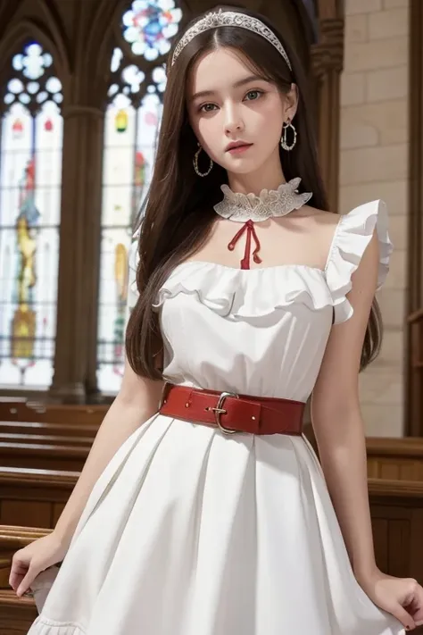  top quality , very detailed,masterpiece, ultra detail showing the cathedral,Alone,(Delicine eyes),(White background:1.3),red eyes, standing, belt skirt ,[trench coin:20],gem, mole_Down_eye,  in rot _in_viewer, Frilled_ headband, earrings for women with fi...