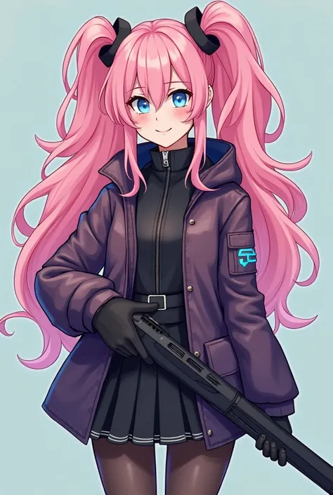  give me an oc of arcane ,  with long pink hair and a little wavy , with pale skin,  pale blue eyes .  and an outfit like ,  but with cool shades , And a long gun ,  the hair can be in two messy pigtails or loose,  make me a design sheet in the style of ar...