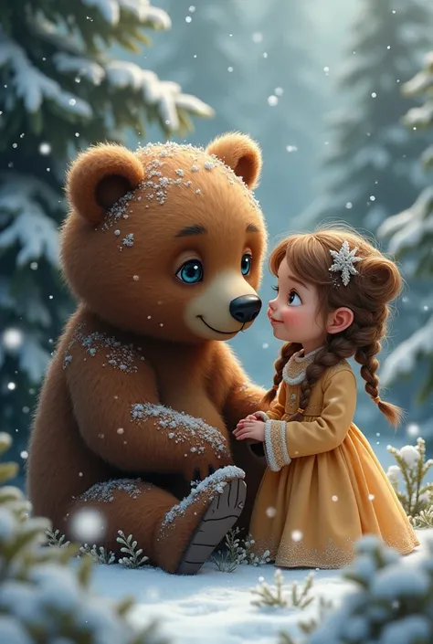 Realistic shot: A bear nuzzles its head against a young girl’s head in the snow between fir trees. Close-up, static: The girl wears a beautiful dress in the same color as the bear’s fur. Additional details: Snowflakes gently falling, fir branches laden wit...