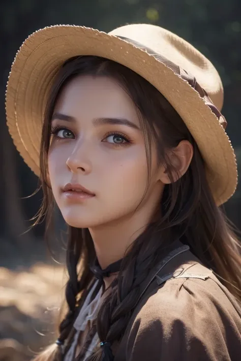  HYPER REALISTIC ONE GIRL IN OLD WEST CLOTHING,  Fantasy Art ,  Photorealistic , Dynamic Lighting,  Art Station ,  very detailed face, 4K,  Award-winning ,