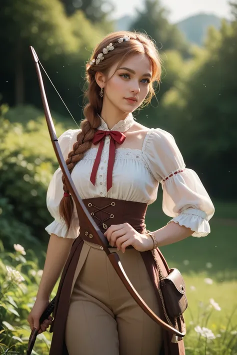 Redheaded girl braided with pretty peasant clothes pants and blouse with bow and arrow on her back
