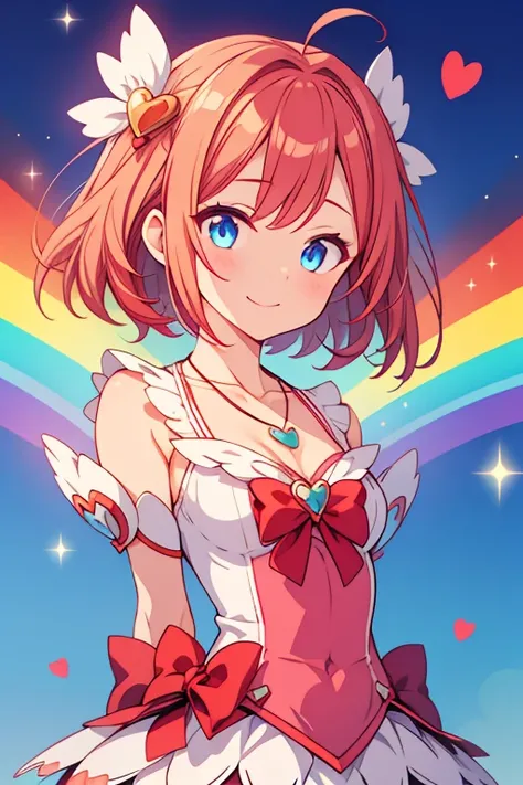 Redhead, blue eyes, medium hair, necklace, magical girl, rainbow, hearts, happy,arms behind back,


