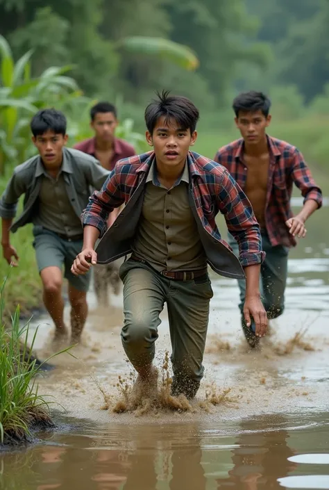 Four young man with an Indonesian face wearing casual clothes and a plaid shirt as a jacket is running and falling in a muddy swamp with a panicked face being chased by a big rooster with a swamp background full of grass and mud. Original photo, very reali...