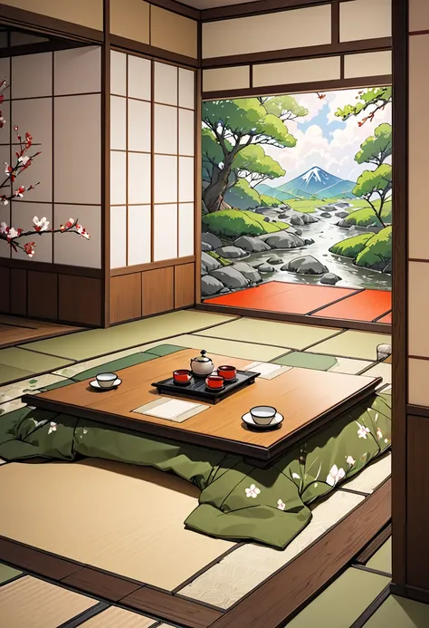 scenery, in the tatami room, kotatsu, a front view