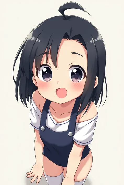 cute, girl, , 6th elementary school student, black hair, Bob- Half up-short ponytail, dark blue school swimsuit, white knee-high socks, medium bust, (((shiny skin))), blush, smile