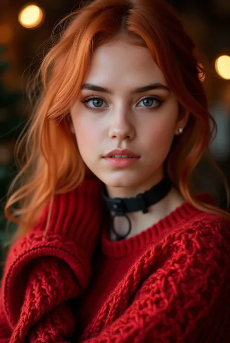  RAW photo, (18yo redhead girl:1.2), make-up,  graphic eyeliner, rouge, (choker:0.9),  Realistic skin texture ,  extra large knitted sweater, (red:0.8), suave,  warm lighting , cozy atmosphere, instagram style