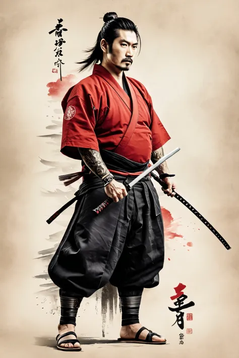 Create a vertical artwor in traditional samurai attire, standing upright and gripping a katana with a poised and focused expression, radiating confidence and precision. The design should feature an ink-wash painting style with soft gradients and textured b...